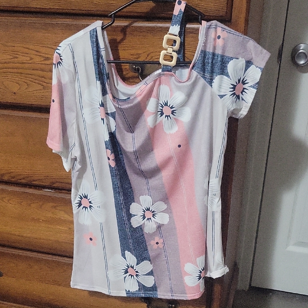 Floral Stripe Cold-Shoulder Top in Pink and White